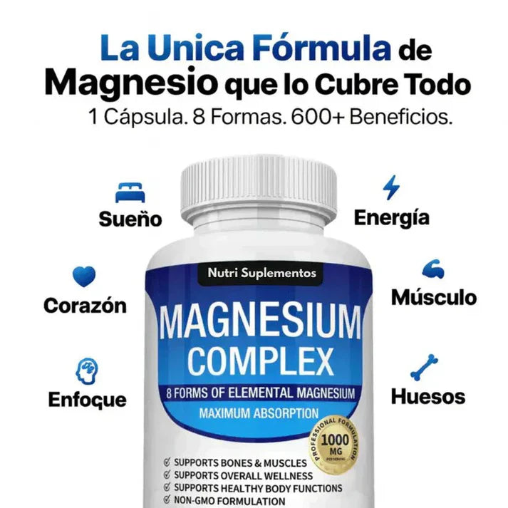 Magnesio Complex™ 8 en 1: Tu fórmula diaria para recuperar energía, calmar el sistema y dormir profundo”
